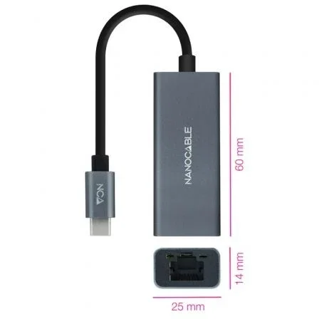 Nanocable Conversor USB-C a Ethernet Gigabit 10/100/1000 Mbps, Gris, 15 cm